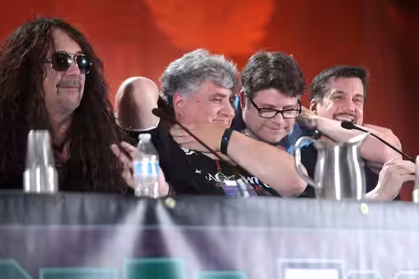 Jess Harnell, Maurice LaMarche, Sean Astin and D. C. Douglas speaking at the 2016 Phoenix Comicon at the Phoenix Convention Center in Phoenix, Arizona. Please a