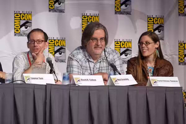 "Futurama" Panel. Developer David X. Cohen, creator Matt Groening and character layout artist Crystal Chesney at San Diego 2010 Comic-Con International.
