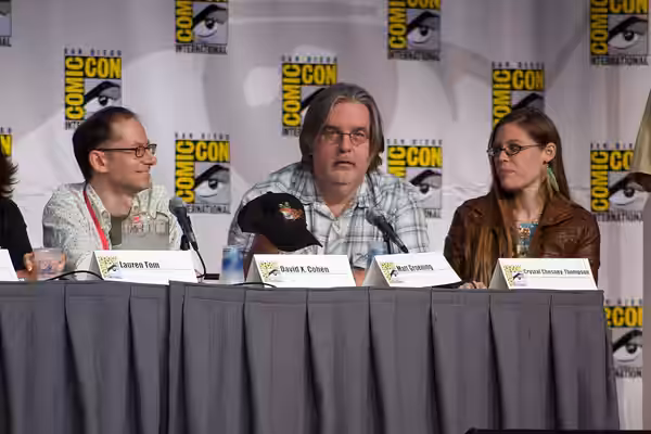 "Futurama" Panel. Developer David X. Cohen, creator Matt Groening and character layout artist Crystal Chesney at San Diego 2010 Comic-Con International.