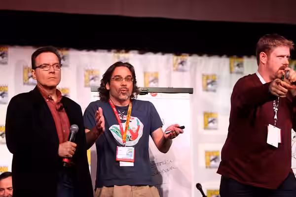 Billy West, Stephen Sandoval &amp; John DiMaggio speaking at the 2012 San Diego Comic-Con International in San Diego, California. Please attribute to Gage Skidm