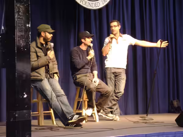 Wyatt Cenac, John Oliver and Rory Albanese after performing stand-up comedy at Moravian College in Bethlehem, Pennsylvania (2009)