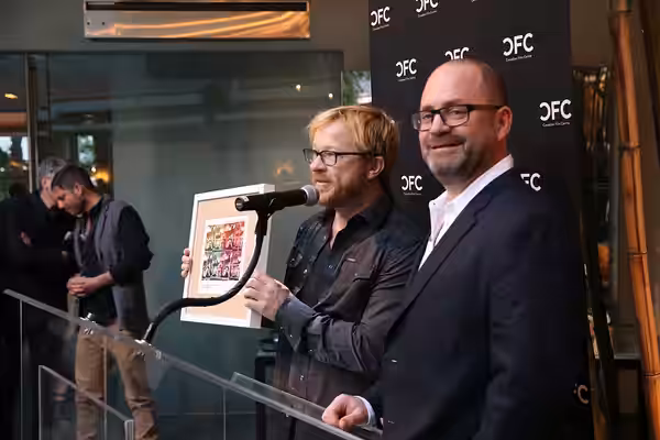 John Fawcett and Graeme Manson give a speech after accepting their award at the event in L.A. Photos by: Jesse Grant (2015)