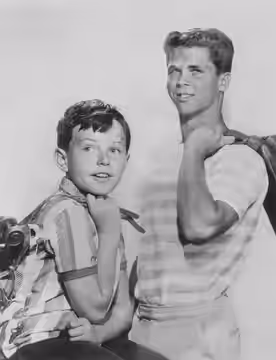 Publicity photo of American child actors Jerry Mathers and Tony Dow promoting their roles on the ABC television series Leave It to Beaver.