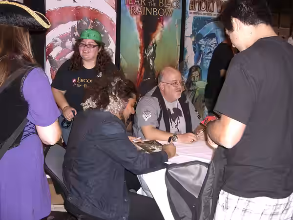 Musician Claudio Sanchez with Comic book creator and novelist Peter David at the New York Comic Convention in Manhattan, October 9, 2010. Photo by Luigi Novi. T