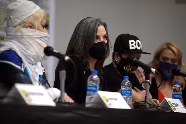 Terry Farrell speaking at the 2021 San Diego Comic Con Special Edition, for "Lights, Camera ... Identity! Never Alone", at the San Diego Convention Center in Sa