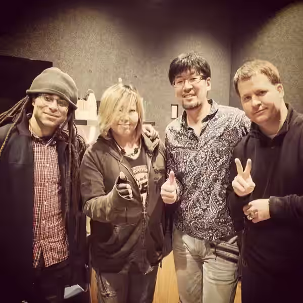 Marchitect (left) and Jas Mace (right) of the rap duo the 49ers with voice actress Megumi Ogata (center left) and video game composer Masafumi Takada (center ri (2014)