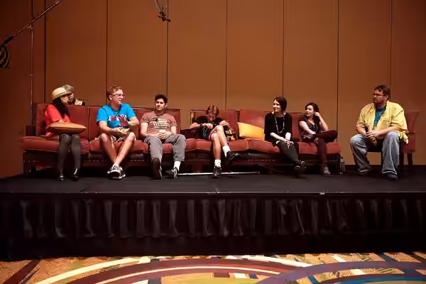 Yuko Miyamura, Dave Trosko, Ben Diskin, Robert Axelrod, Morgan Berry, Cherami Leigh and Steve "Warky" Nunez speaking with attendees at the 2017 Saboten Con at t