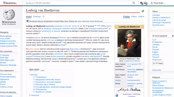 Screenshot of a Polish Wikipedia page: Ludwig van Beethoven. (2017)