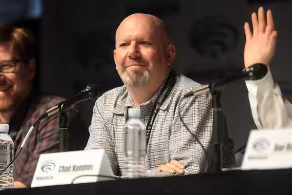Marc Guggenheim speaking at the 2017 WonderCon, for "Trollhunters", at the Anaheim Convention Center in Anaheim, California. Please attribute to Gage Skidmore i