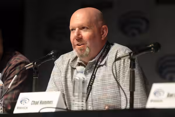 Marc Guggenheim speaking at the 2017 WonderCon, for "Trollhunters", at the Anaheim Convention Center in Anaheim, California. Please attribute to Gage Skidmore i