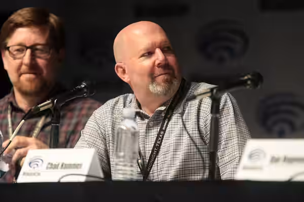 Marc Guggenheim speaking at the 2017 WonderCon, for "Trollhunters", at the Anaheim Convention Center in Anaheim, California. Please attribute to Gage Skidmore i
