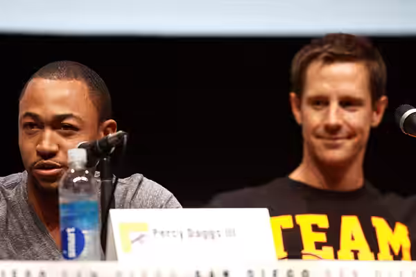 Percy Daggs III and Jason Dohring speaking at the 2013 San Diego Comic Con International, for "Veronica Mars", at the San Diego Convention Center in San Diego, 