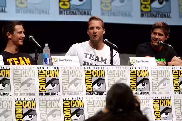Jason Dohring, Ryan Hansen and Chris Lowell speaking at the 2013 San Diego Comic Con International, for "Veronica Mars", at the San Diego Convention Center in S