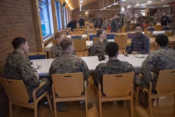 Actor Milo Ventimiglia meets with deployed service members during the Chairman's USO Holiday Tour in Vaernes, Norway, Dec. 21, 2018. Dunford, along with USO ent