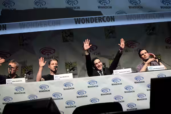 John Stephens, Ben McKenzie, Robin Lord Taylor and Cory Michael Smith speaking at the 2015 Wondercon, for "Gotham", at the Anaheim Convention Center in Anaheim,
