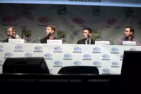 John Stephens, Ben McKenzie, Robin Lord Taylor and Cory Michael Smith speaking at the 2015 Wondercon, for "Gotham", at the Anaheim Convention Center in Anaheim,