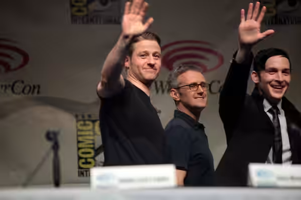 Ben McKenzie, John Stephens and Robin Lord Taylor speaking at the 2015 Wondercon, for "Gotham", at the Anaheim Convention Center in Anaheim, California. Please 