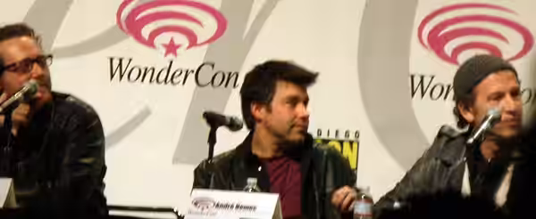 The producers of the TV series Happy Town at a panel promoting the series at WonderCon 2010. From left to right: Josh Appelbaum, André Nemec, and Scott Rosenber
