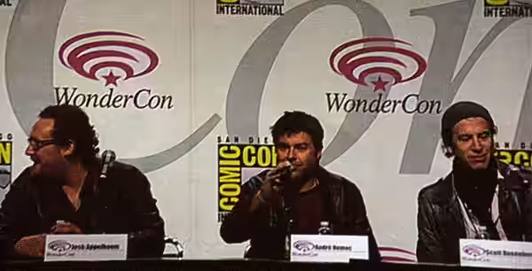 The producers of the TV series Happy Town at a panel promoting the series at WonderCon 2010. From left to right: Josh Appelbaum, André Nemec, and Scott Rosenber