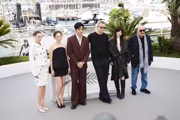 Kristine Froseth, Havana Rose Liu, Charles Melton, Nicolas Winding Refn, Sophie Thatcher and Pino Donaggio pose during the "Her Private Hell" photocall at the 7 (2026)