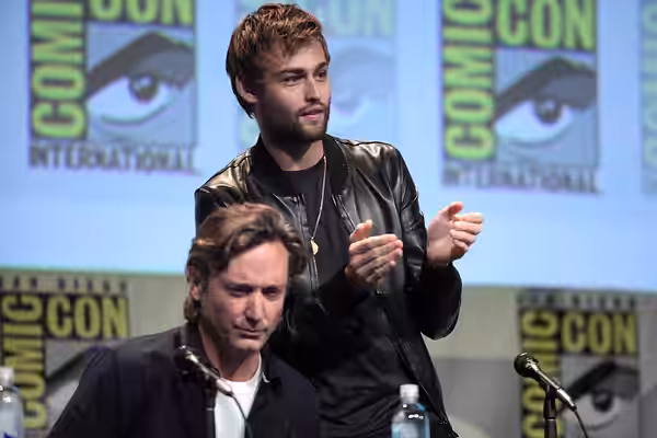 Burr Steers and Douglas Booth speaking at the 2015 San Diego Comic Con International, for "Pride and Prejudice and Zombies", at the San Diego Convention Center 