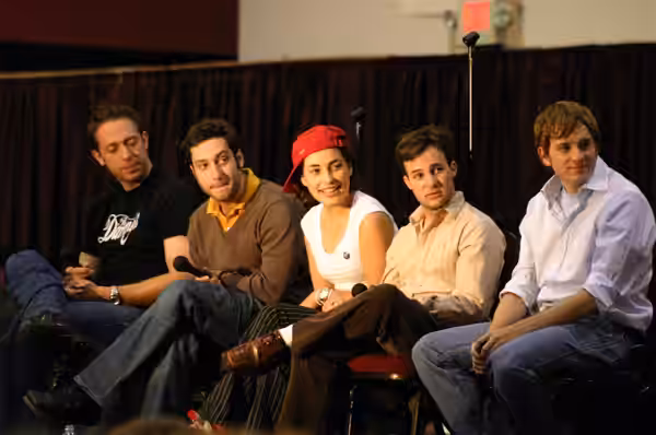 (From left to right) James Leary, Adam Busch, Iyari Limon, Danny Strong and Tom Lenk on a panel at the 2004 Moonlight Rising convention.