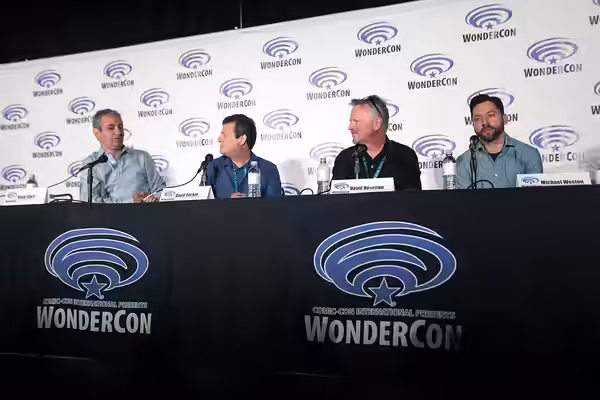 David Shore, David Titcher, David Hoselton and Michael Weston speaking at the 2016 WonderCon for Houdini and Doyle at the Los Angeles Convention Center in Los A