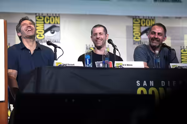 David Benioff, D. B. Weiss and Miguel Sapochnik speaking at the 2016 San Diego Comic Con International, for "Game of Thrones", at the San Diego Convention Cente