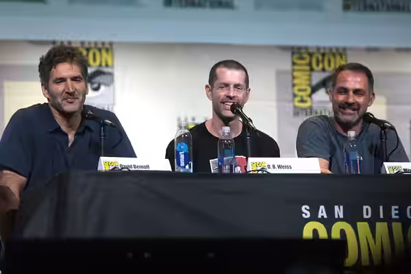 David Benioff, D. B. Weiss and Miguel Sapochnik speaking at the 2016 San Diego Comic Con International, for "Game of Thrones", at the San Diego Convention Cente