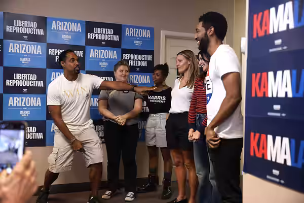 Jason Winston George, Jaicy Elliot, Alexis Floyd, Kadee Strickland, Caterina Scorsone and Anthony Hill speaking with attendees at a reproductive freedom bus tou (2024)