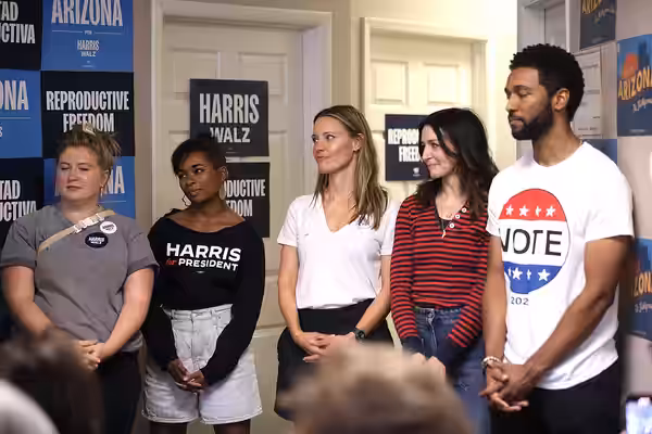 Jaicy Elliot, Alexis Floyd, Kadee Strickland, Caterina Scorsone and Anthony Hill speaking with attendees at a reproductive freedom bus tour stop at the Arizona  (2024)