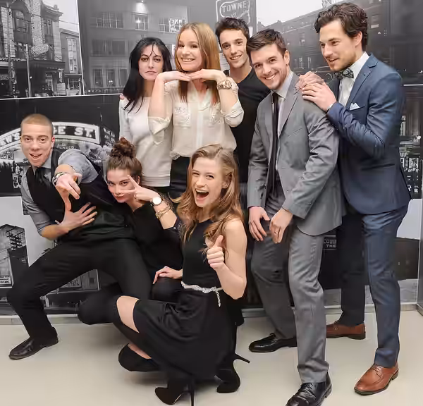 Front Row: Matthew Owen Murray, Annie Murphy, Camille Stopps. Back Row: Kimberly Laferriere, Brooke Palsson, Steven Love, Dan Jeannotte, Giacomo Gianniotti (2014)