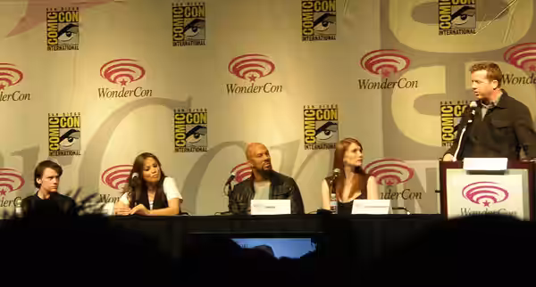 A Terminator Salvation panel discussion at WonderCon 2009. From left to right: LA Times reporter Geoff Boucher, actors Anton Yelchin, Moon Bloodgood, Common, Br