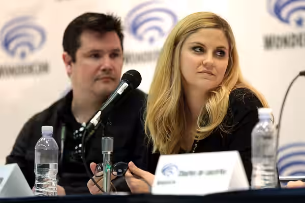 Ashley E. Miller and Nikki Griffin speaking at the 2017 WonderCon at the Anaheim Convention Center in Anaheim, California. Please attribute to Gage Skidmore if 