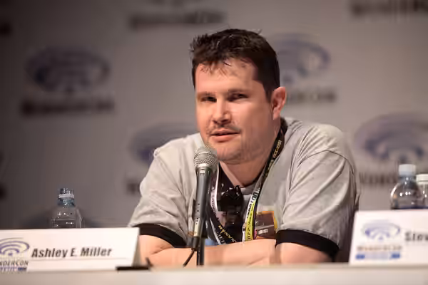 Ashley E. Miller speaking at the 2015 Wondercon, for "2015: Greatest Geek Year Ever?", at the Anaheim Convention Center in Anaheim, California. Please attribute