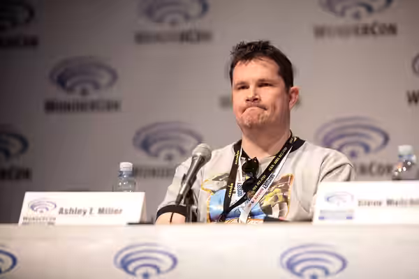 Ashley E. Miller speaking at the 2015 Wondercon, for "2015: Greatest Geek Year Ever?", at the Anaheim Convention Center in Anaheim, California. Please attribute