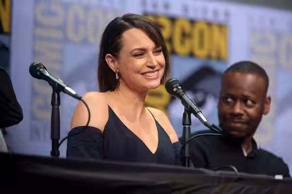 Julie Ann Emery and Malcolm Barrett speaking at the 2017 San Diego Comic Con International, for "Preacher", at the San Diego Convention Center in San Diego, Cal