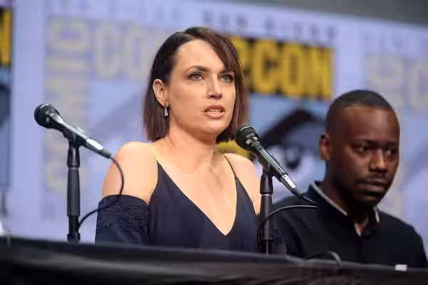 Julie Ann Emery and Malcolm Barrett speaking at the 2017 San Diego Comic Con International, for "Preacher", at the San Diego Convention Center in San Diego, Cal