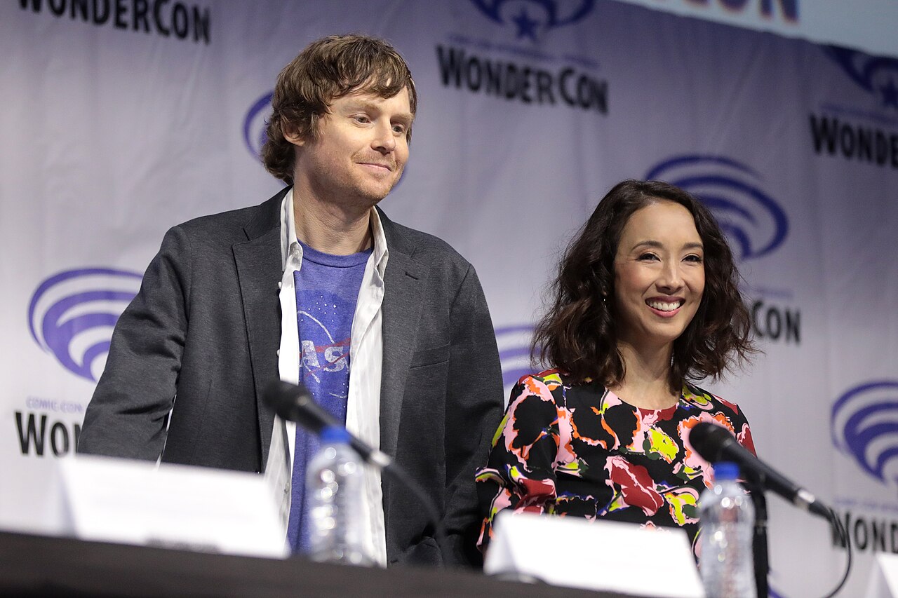 Jed Whedon and Maurissa Tancharoen speaking at the 2019 WonderCon, for "Marvel's Agents of S.H.I.E.L.D.", at the Anaheim Convention Center in Anaheim, Californi
