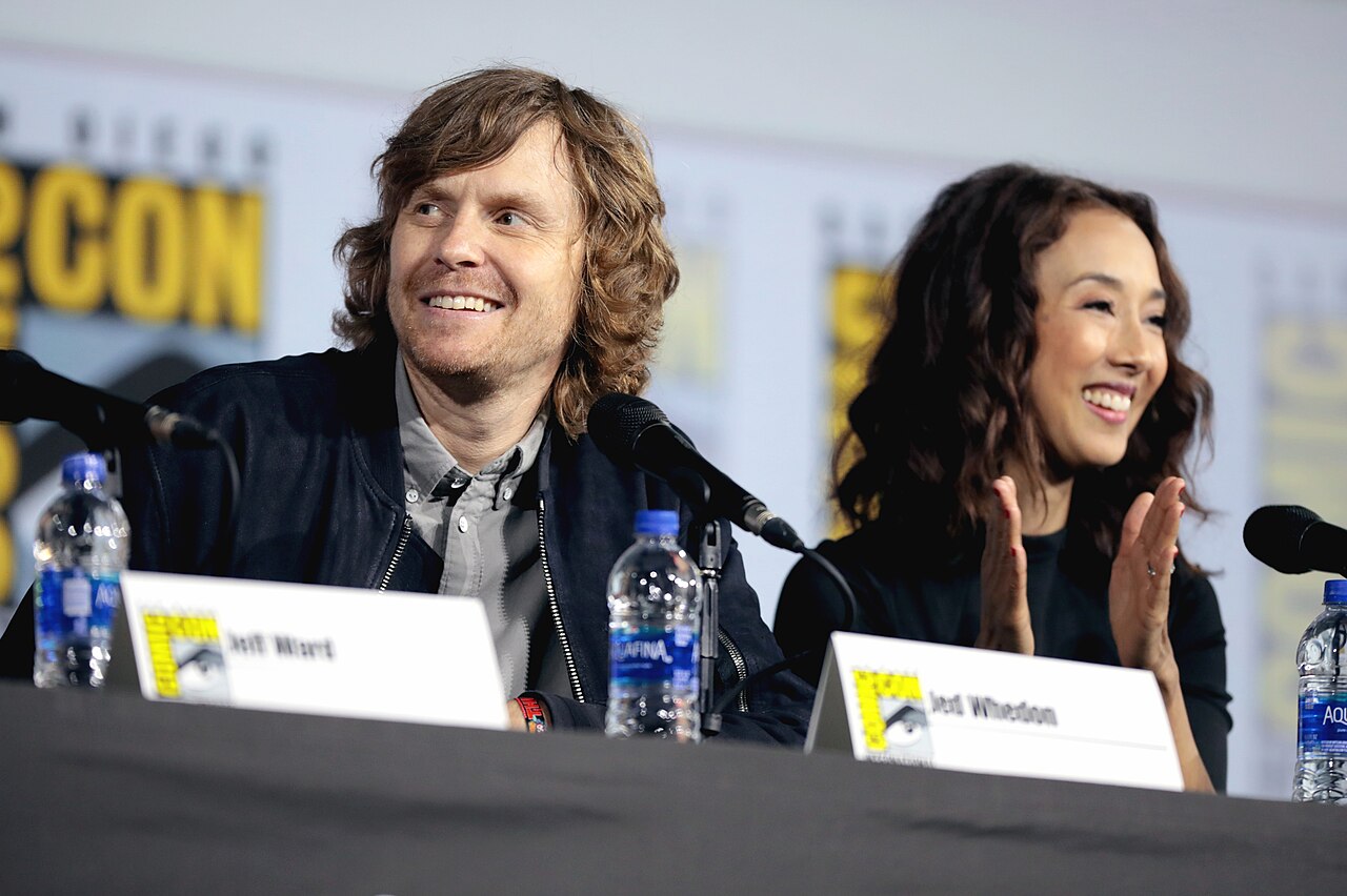 Jed Whedon and Maurissa Tancharoen speaking at the 2019 San Diego Comic Con International, for "Marvel's Agents of S.H.I.E.L.D.", at the San Diego Convention Ce