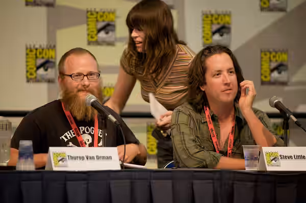 Creator and voice of Flapjack on the left. Writer and voice of Dr. Barber on the right. (2009)