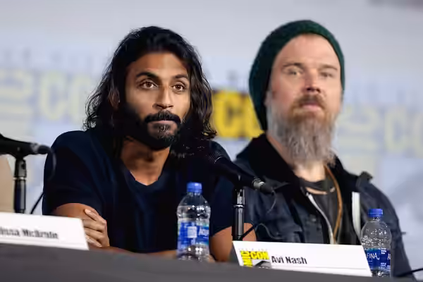 Avi Nash and Ryan Hurst speaking at the 2019 San Diego Comic Con International, for "The Walking Dead", at the San Diego Convention Center in San Diego, Califor