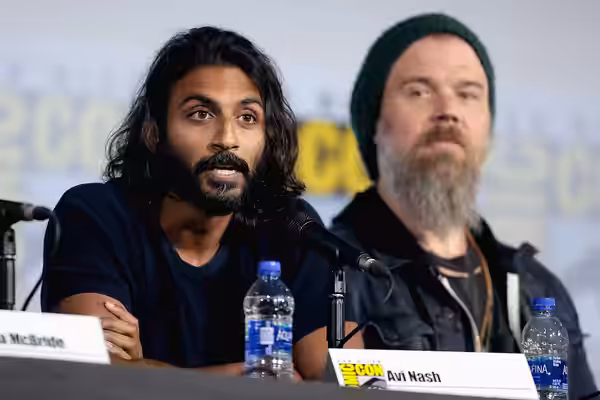 Avi Nash and Ryan Hurst speaking at the 2019 San Diego Comic Con International, for "The Walking Dead", at the San Diego Convention Center in San Diego, Califor