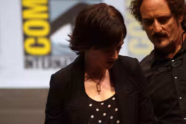 Maggie Siff speaking at the 2013 San Diego Comic Con International, for "Sons of Anarchy", at the San Diego Convention Center in San Diego, California. Please a