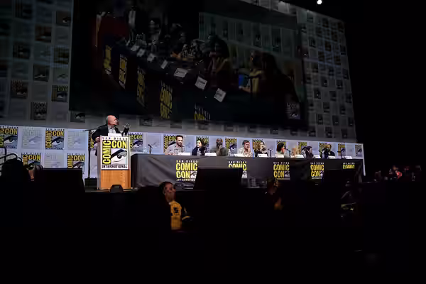 Jeph Loeb, Charlie Cox, Krysten Ritter, Mike Colter, Finn Jones, Sigourney Weaver, Elodie Yung, Deborah Ann Woll, Jessica Henwick and Marco Ramirez speaking at  (2017)