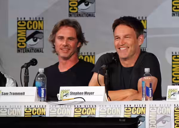 Sam Trammell and Stephen Moyer at the True Blood panel at the 2014 Comic-Con convention in San Diego, California.