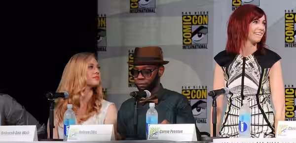 Deborah Ann Woll, Nelsan Ellis, Carrie Preston at the True Blood panel at the 2014 Comic-Con convention in San Diego, California.