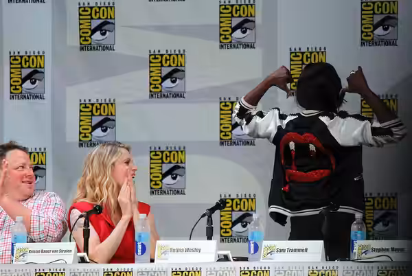 Brian Buckner, Kristin Bauer, and Rutina Wesley at the True Blood panel at the 2014 Comic-Con convention in San Diego, California.
