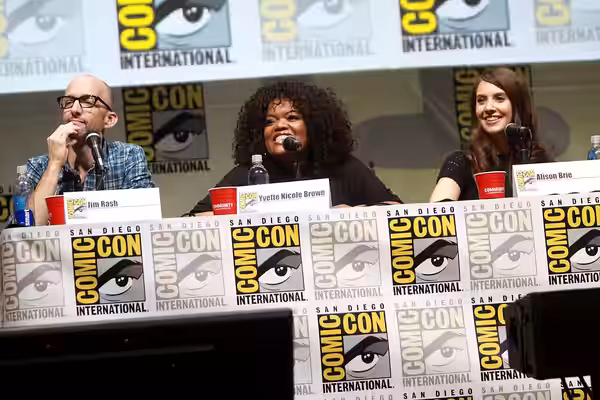 Jim Rash, Yvette Nicole Brown and Alison Brie speaking at the 2013 San Diego Comic Con International, for "Community", at the San Diego Convention Center in San