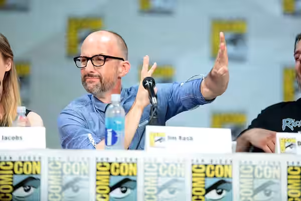 Jim Rash speaking at the 2014 San Diego Comic Con International, for "Community", at the San Diego Convention Center in San Diego, California. Please attribute 
